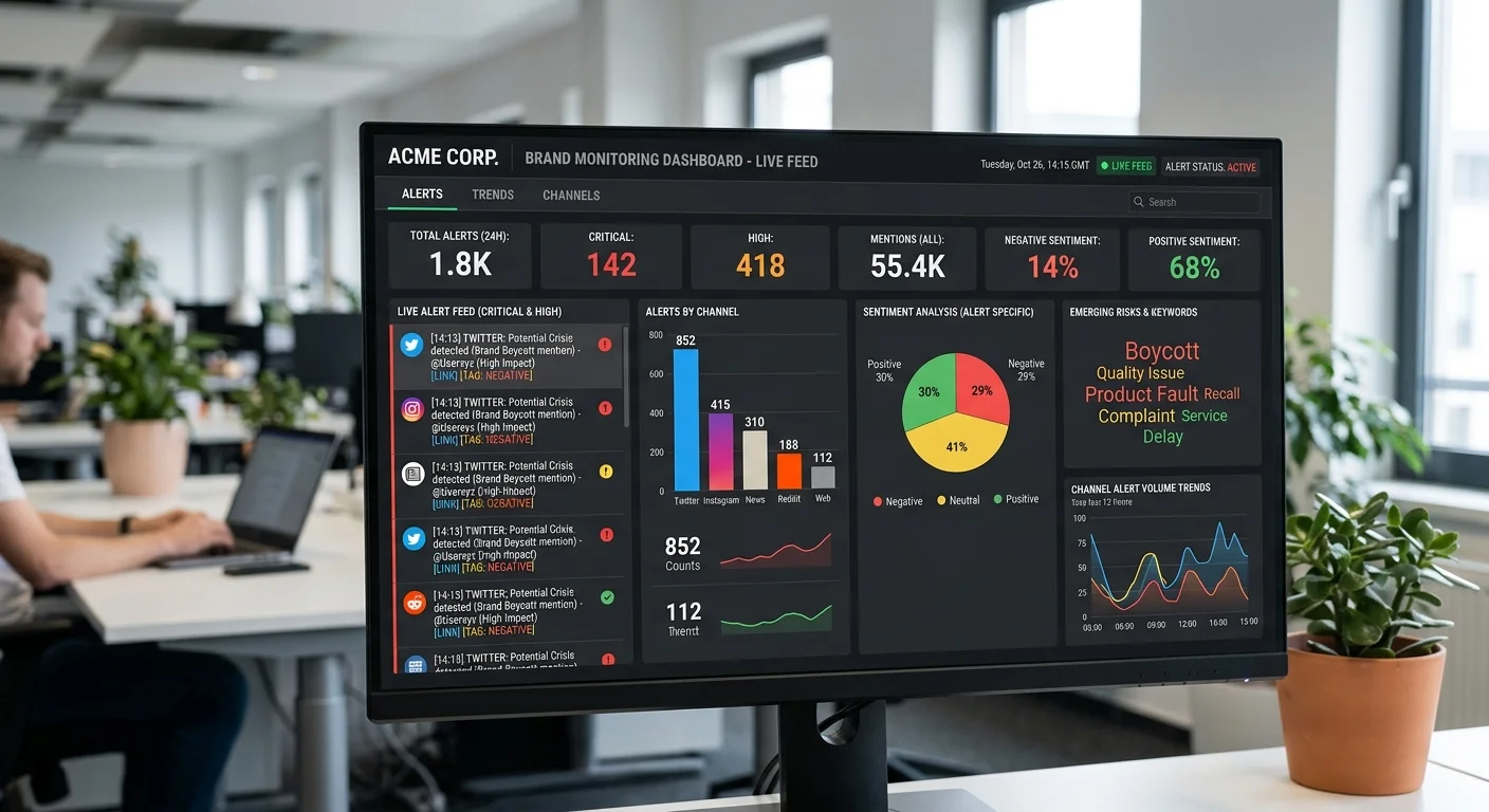 Brand monitoring dashboard displaying real-time alerts for domain abuse, fake social pages, and unauthorized product listings