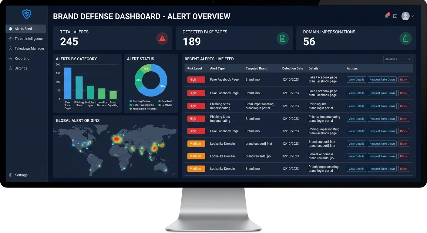 Brand monitoring dashboard displaying fake page detection alerts