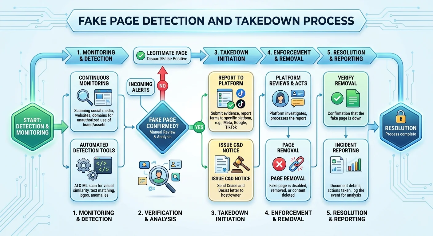 Flowchart of fake page detection workflow including monitoring, evidence collection, reporting, and takedown steps
