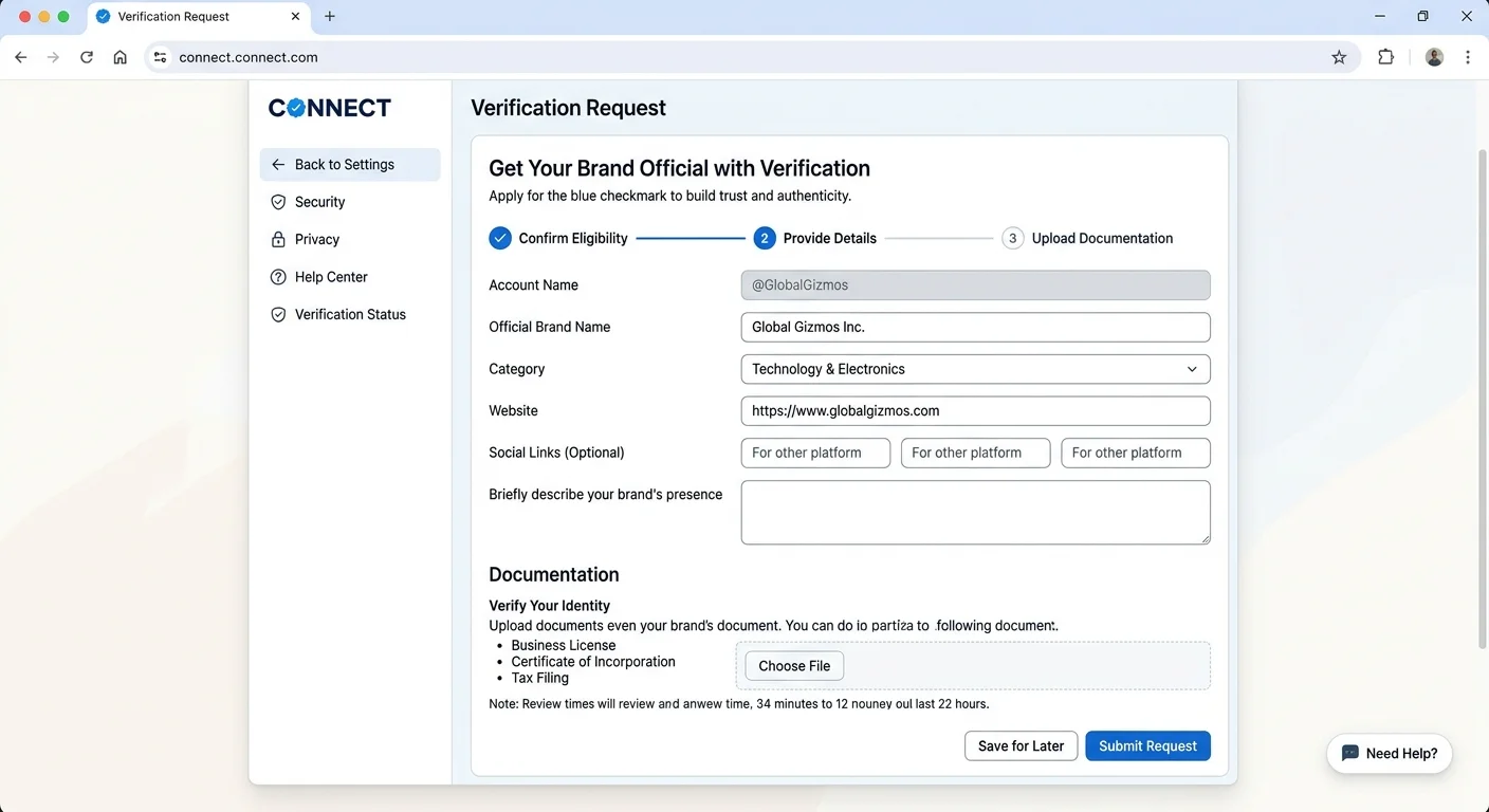 Website page listing verified brand social media accounts for impersonation protection