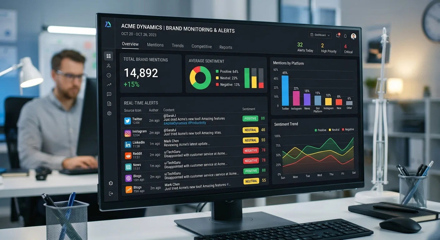 Brand monitoring dashboard displaying real-time mention alerts and sentiment analysis