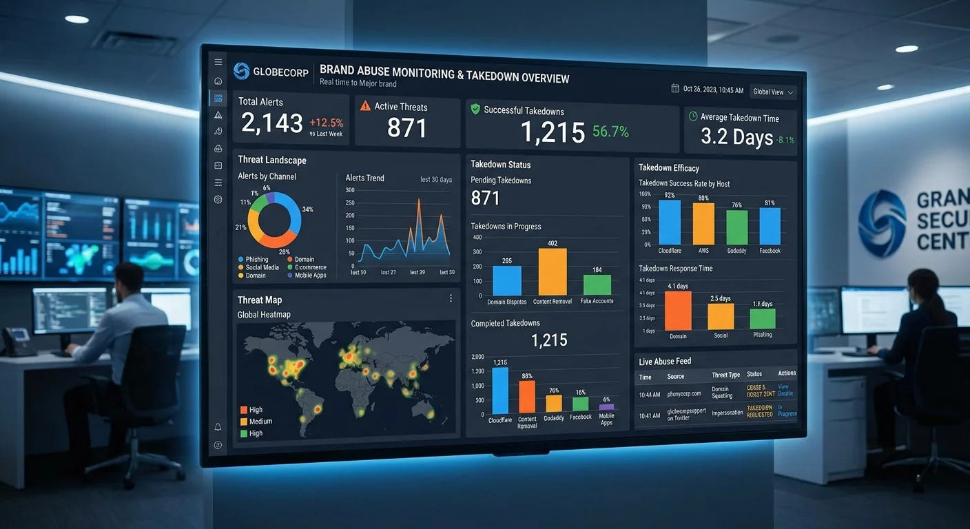 Brand monitoring dashboard tracking abuse reports and takedown progress